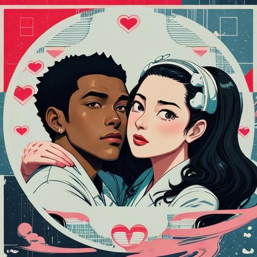 Retro Anime Couple Kissing with Heart Collage