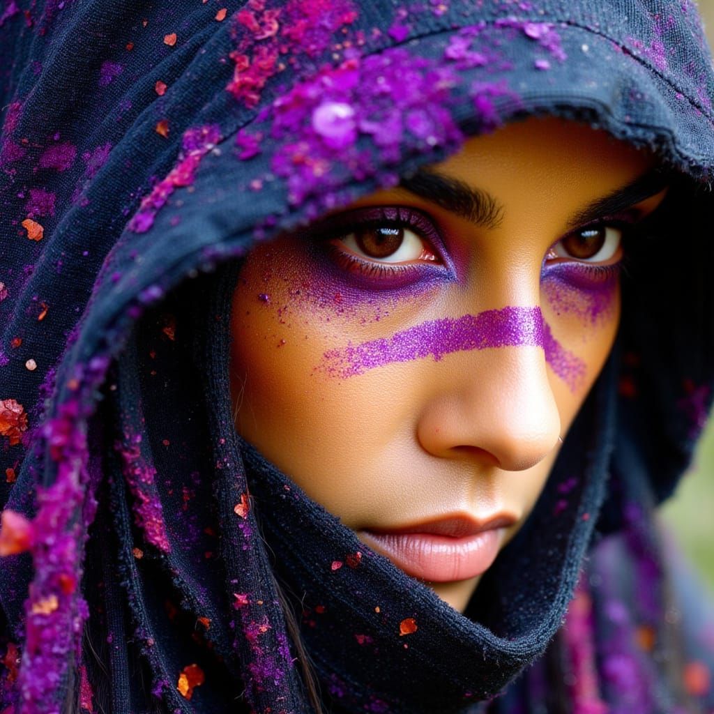 35mm film: Latina cloaked druid, gritty fantasy, dynamic 3/4 side profile extreme low angle close-up, streaked energy, distorted & fragmente...