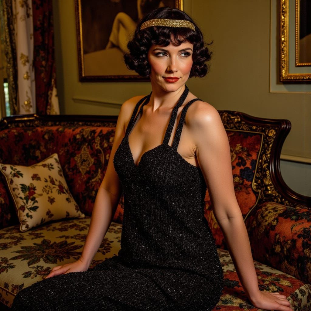Parlour with 1920s flapper in black and gold, Art Deco style <lora:Earth and scratch:1.0>