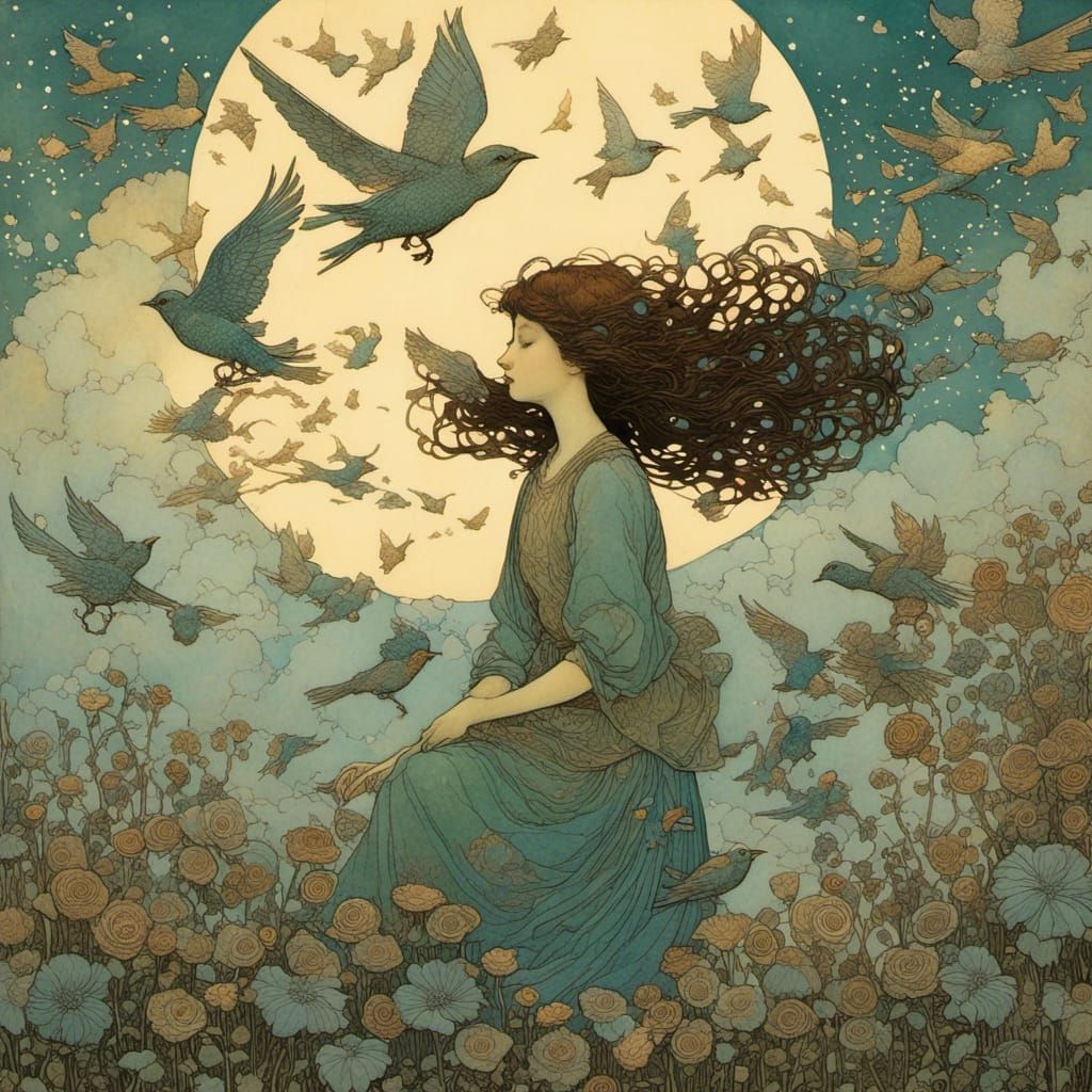 In her thoughts she flies with the birds, by Edmund Dulac, J...