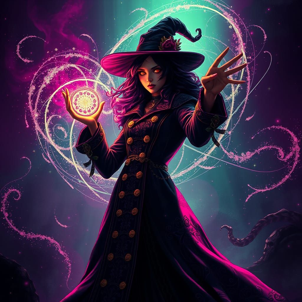 beautiful dieselpunk witch Casting a magic spell, dynamic li...