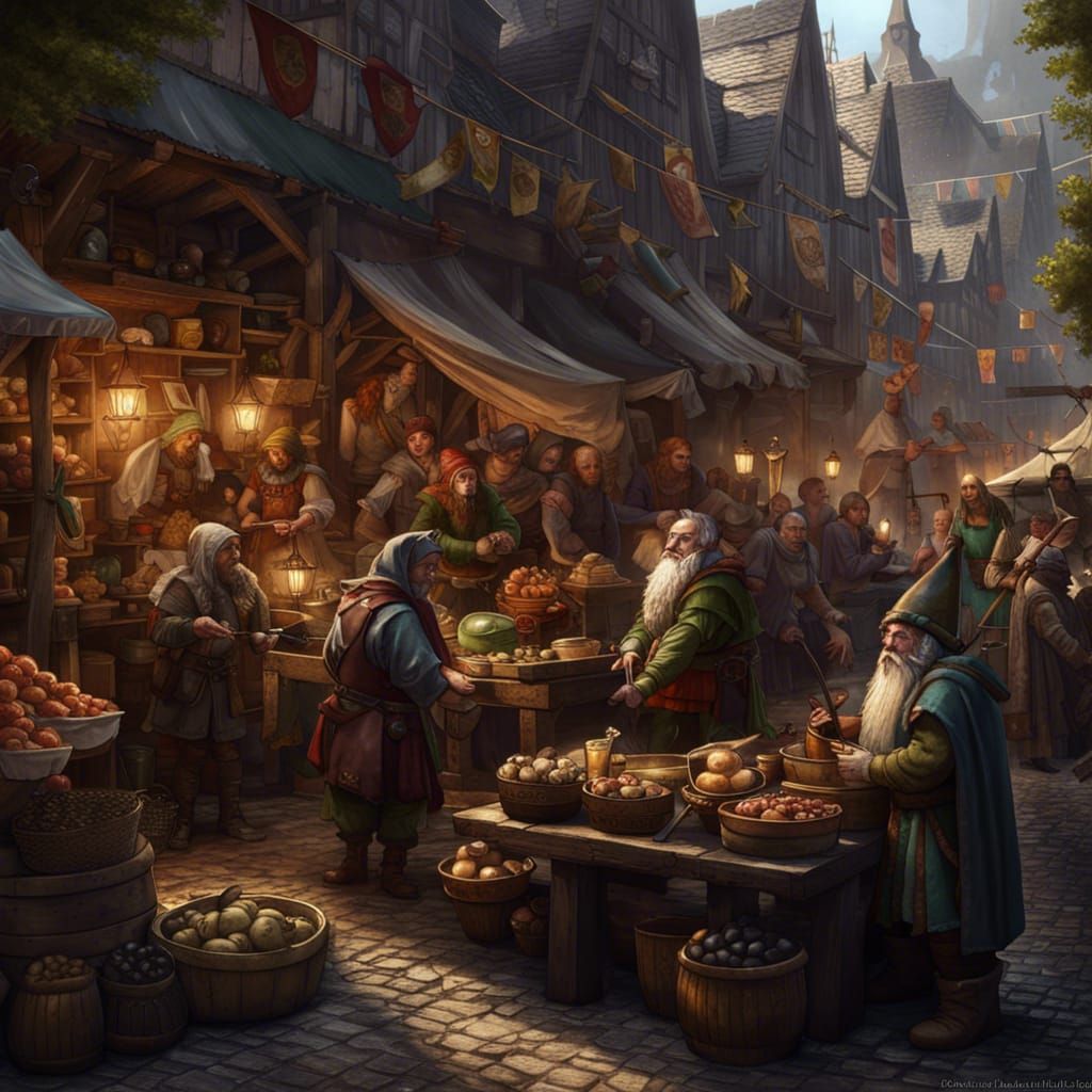 Gnomes, dwarves, halflings,
Elves, and medieval men in a market square selling wares.  by @Jean-Paul Gagnon