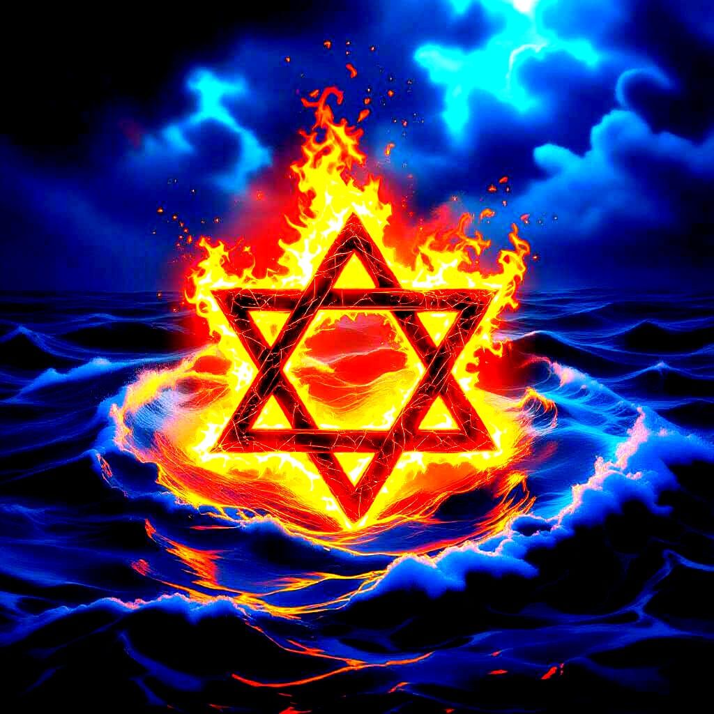 Star of David Made of Fire in a Stormy Sea