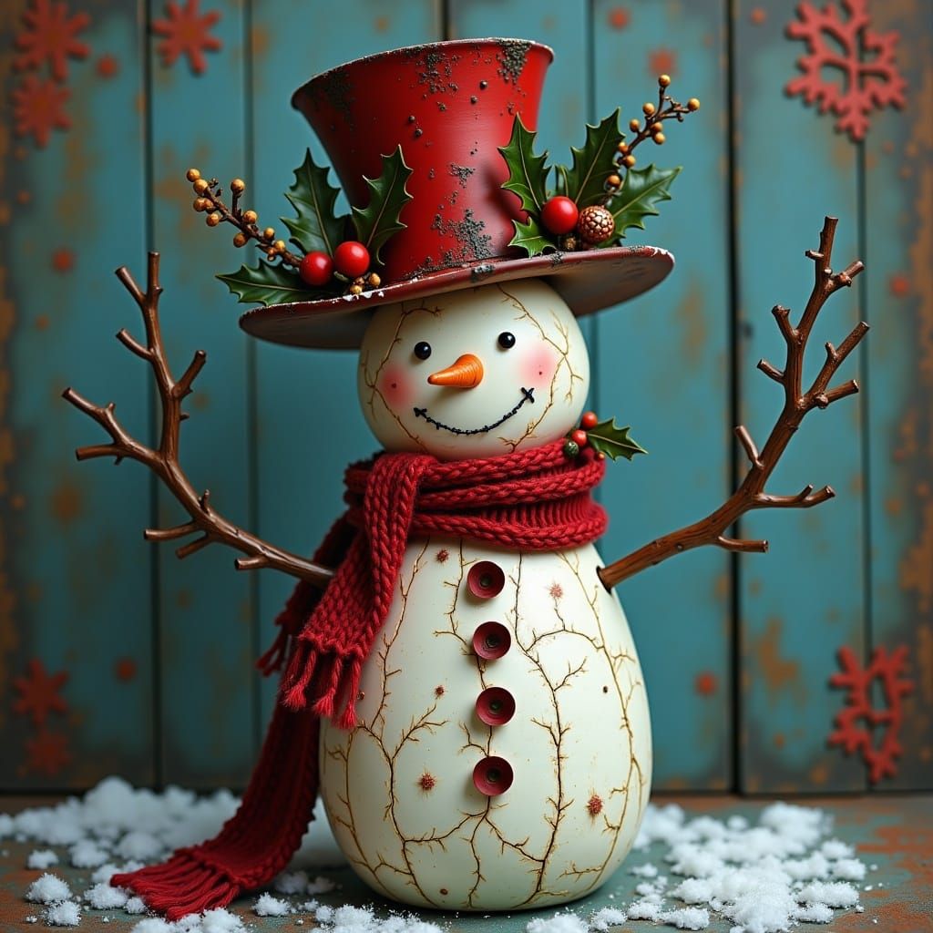 <lora:HYGGE VIBE:1.0> large crackled snowman wearing a tall ...