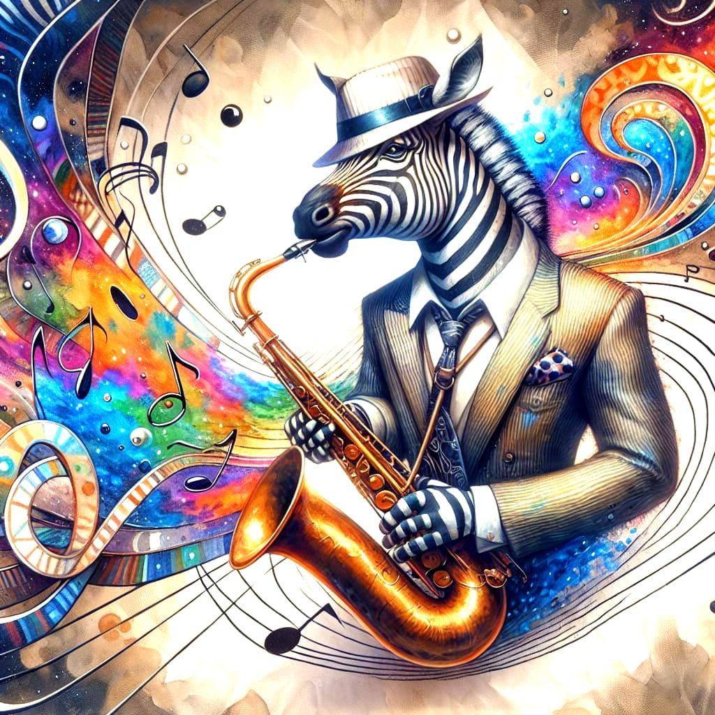 Imagine a surreal scene that's bursting with jazz vibes. In a close-up view, we see an otherworldly zebra dressed in a classy zoot suit and...