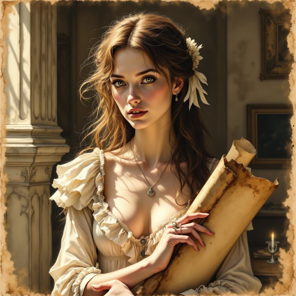 <lora:The Elder Scrolls:1.0> Aged spoiled scroll portrait