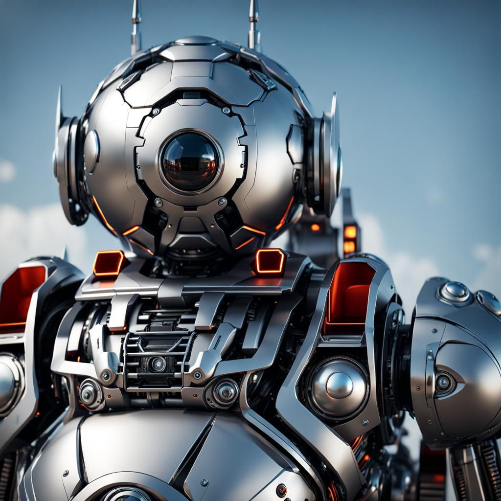 A massive silver robot with a spherical head.  by @Simon C