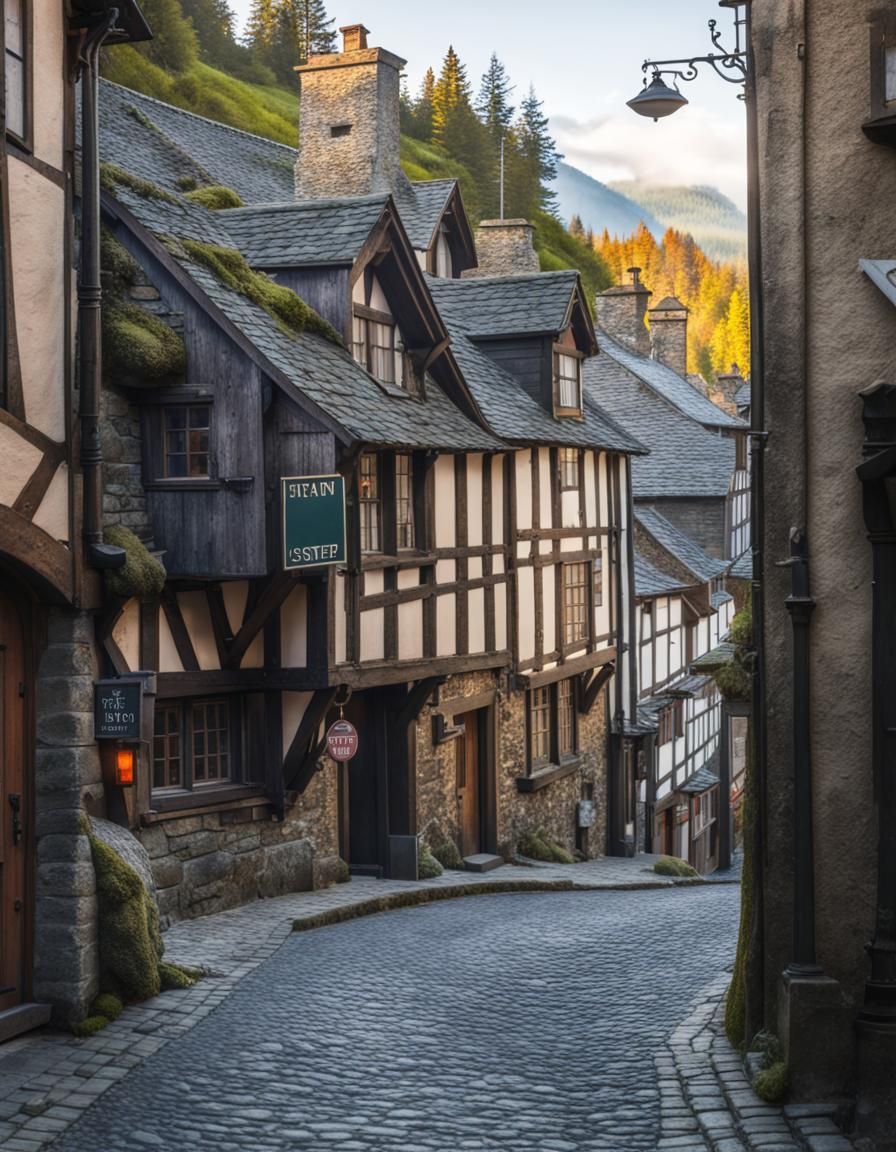 steep street, medieval, timber framed houses, dirty, rough, ...