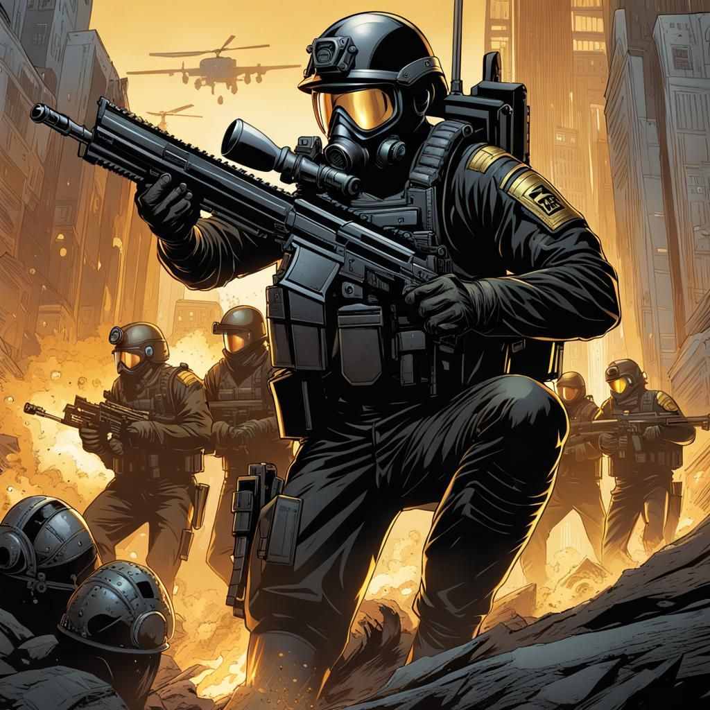 SWAT officer in black and gold armor with a combat helmet an...