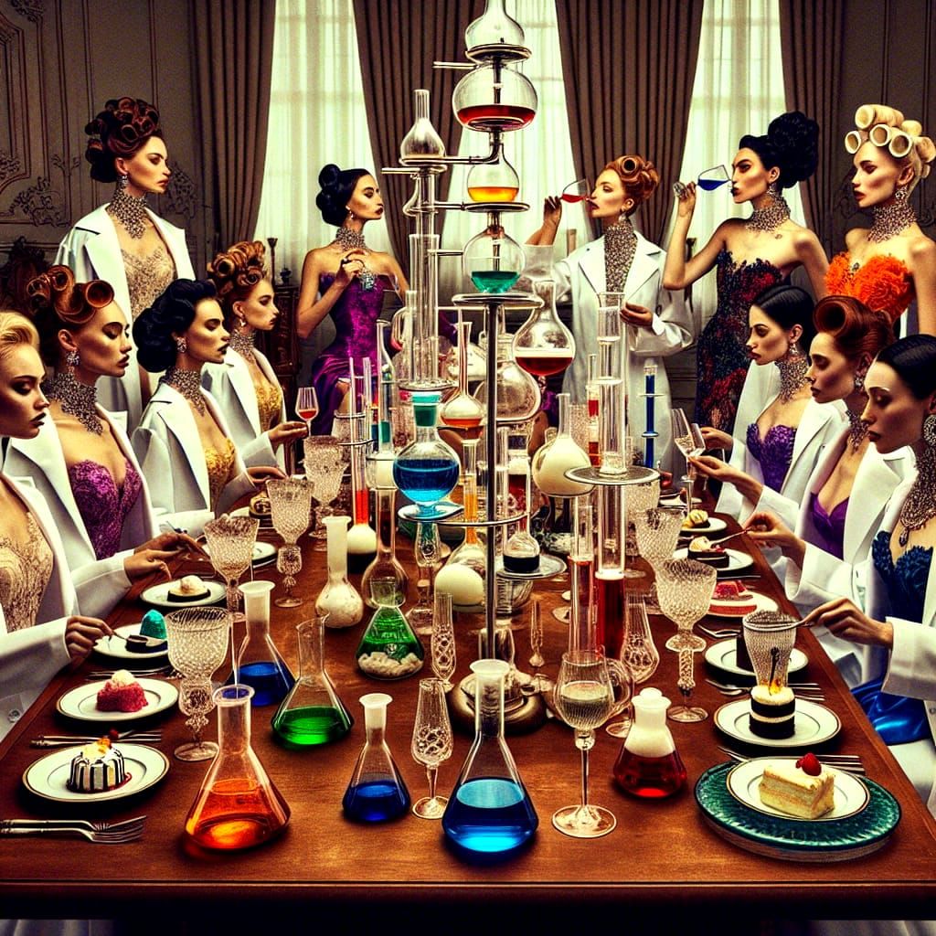 Elegant Women Enjoy Unconventional Desserts in Ornate Labora...