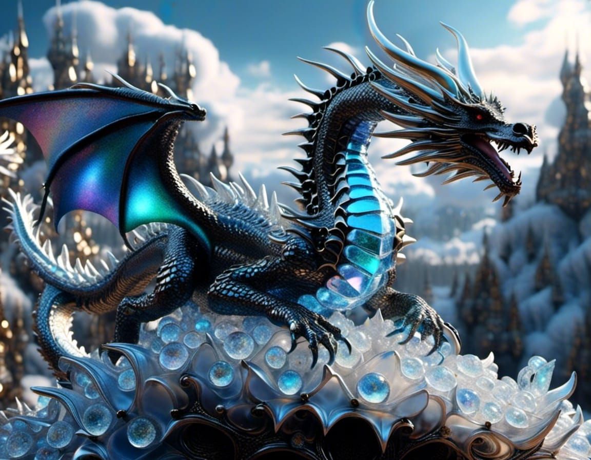 Stunning digital Photo-illustration  :: opalescent ice dragon meets shiny iridescent black dragon  :: hyperdetailed hyperrealistic maximalis...
