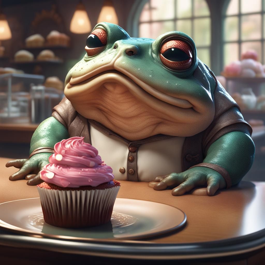Fat toad with a cupcake at a bakery