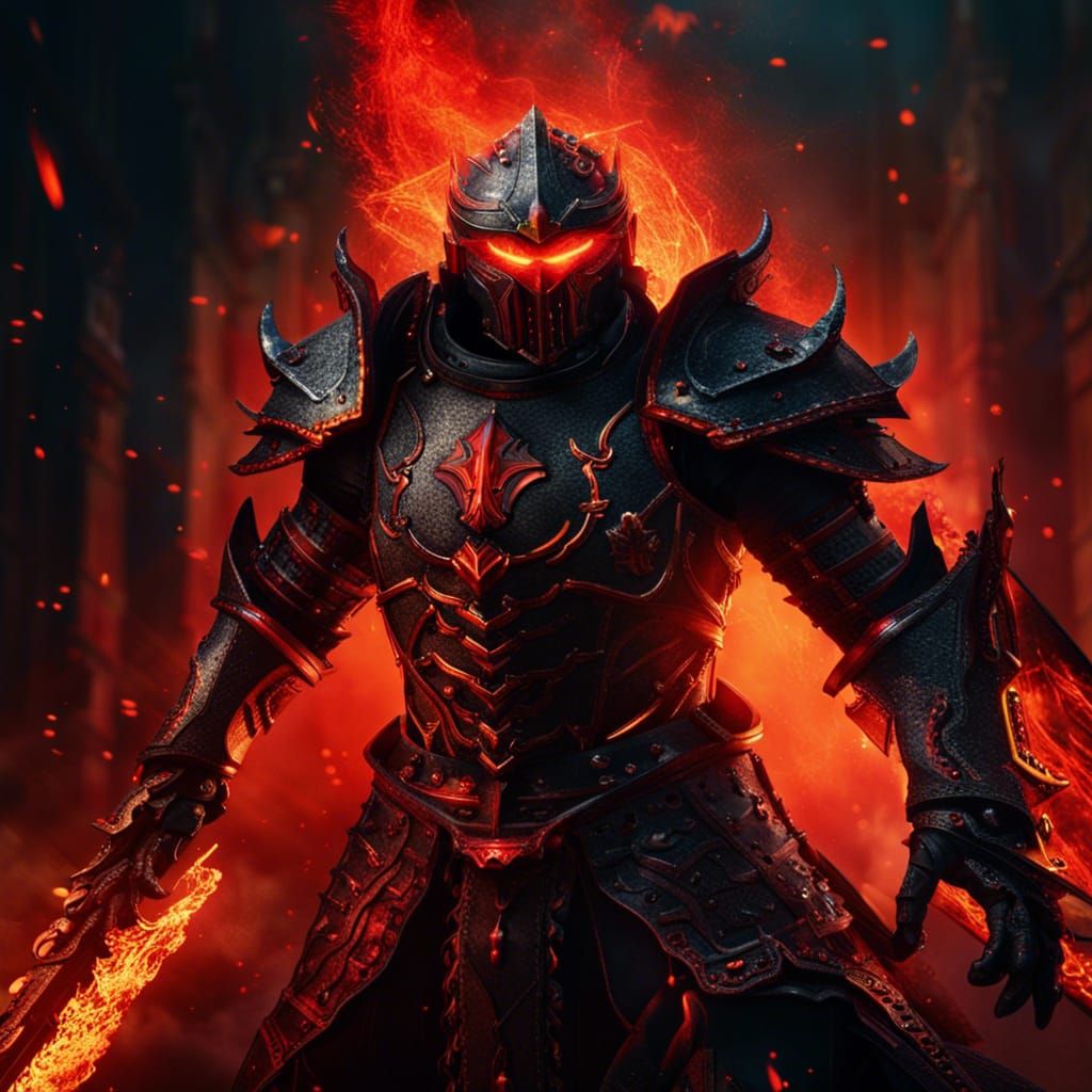 a fiery hell knight with red glowing eyes behind the visor w...