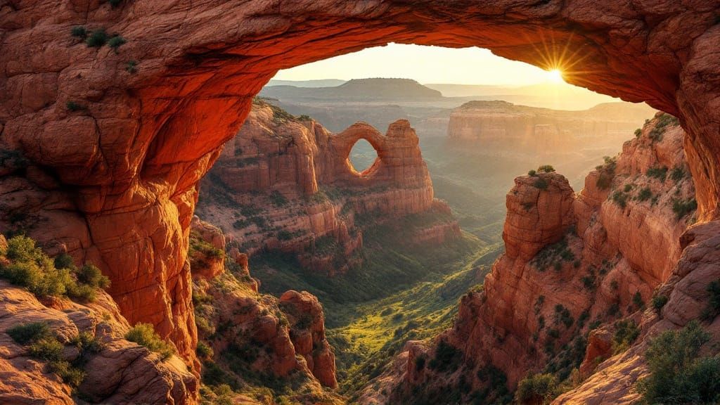 An expansive landscape photograph showcasing multiple natural arches carved into reddish-orange sandstone ...  by @Markus Schwedler
