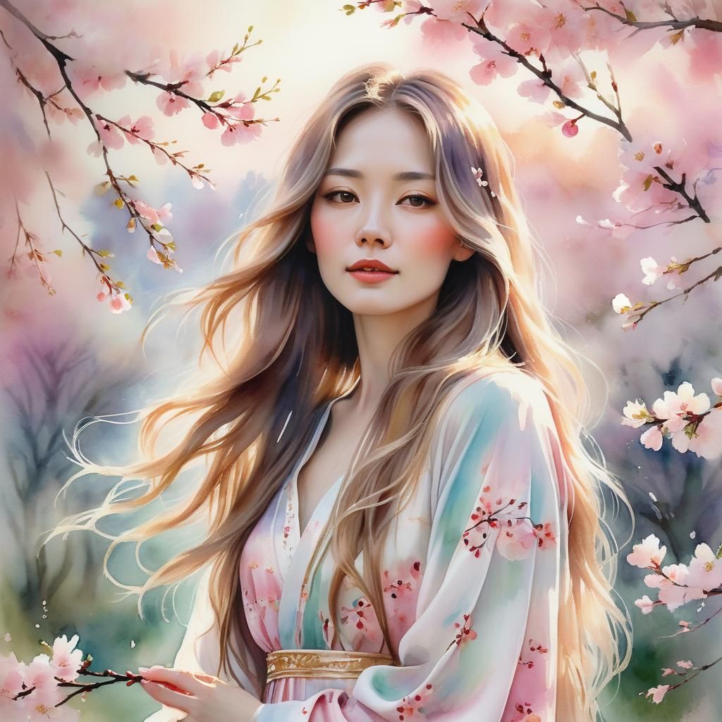 Ethereal Woman in Watercolor Cherry Blossom Portrait