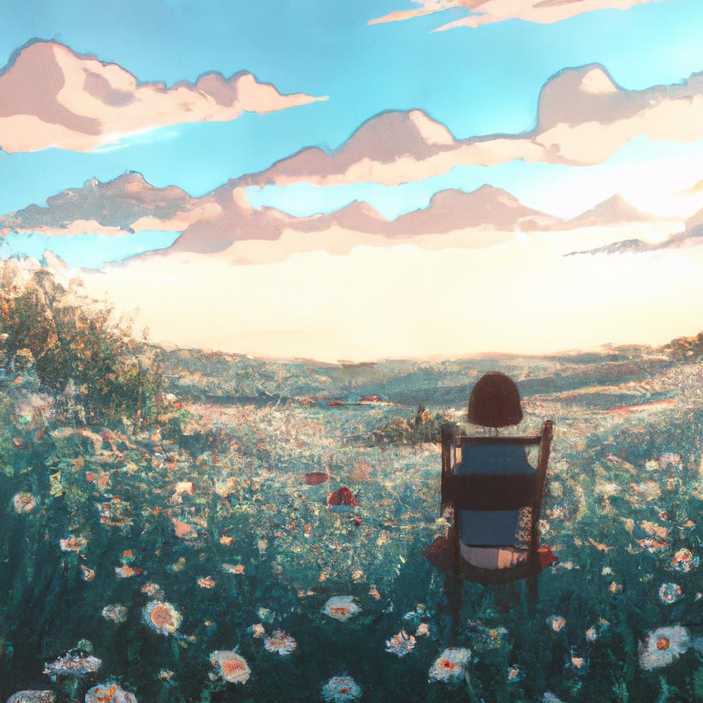 sitting alone on a chair while staring at a meadow of flower...
