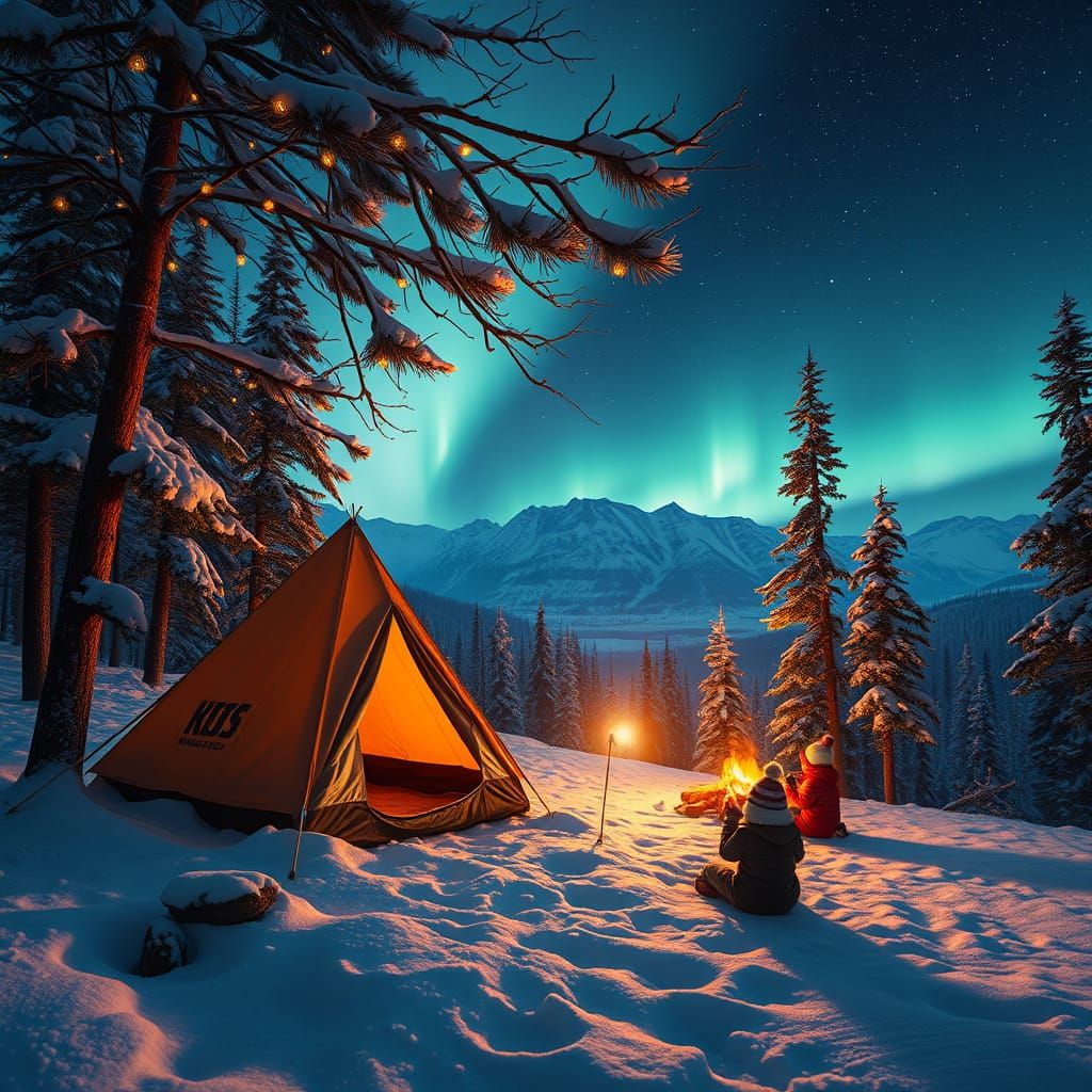 A snowy tent on the edge of the forest, opposite the view of the mountains, aurora borealis, campfire, ...  by @Mandala17