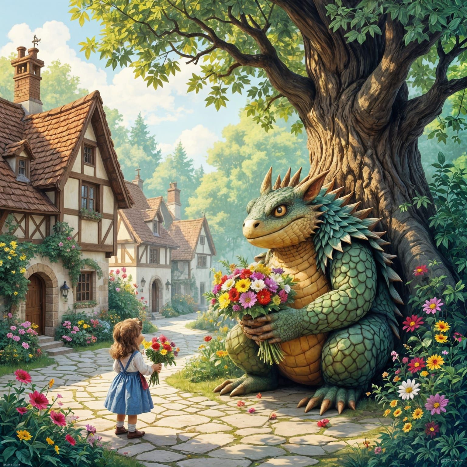 : a fearsome, scaly forest lurker secretly leaves bouquets of vibrant, exotic flowers in the village ...  by @undefined