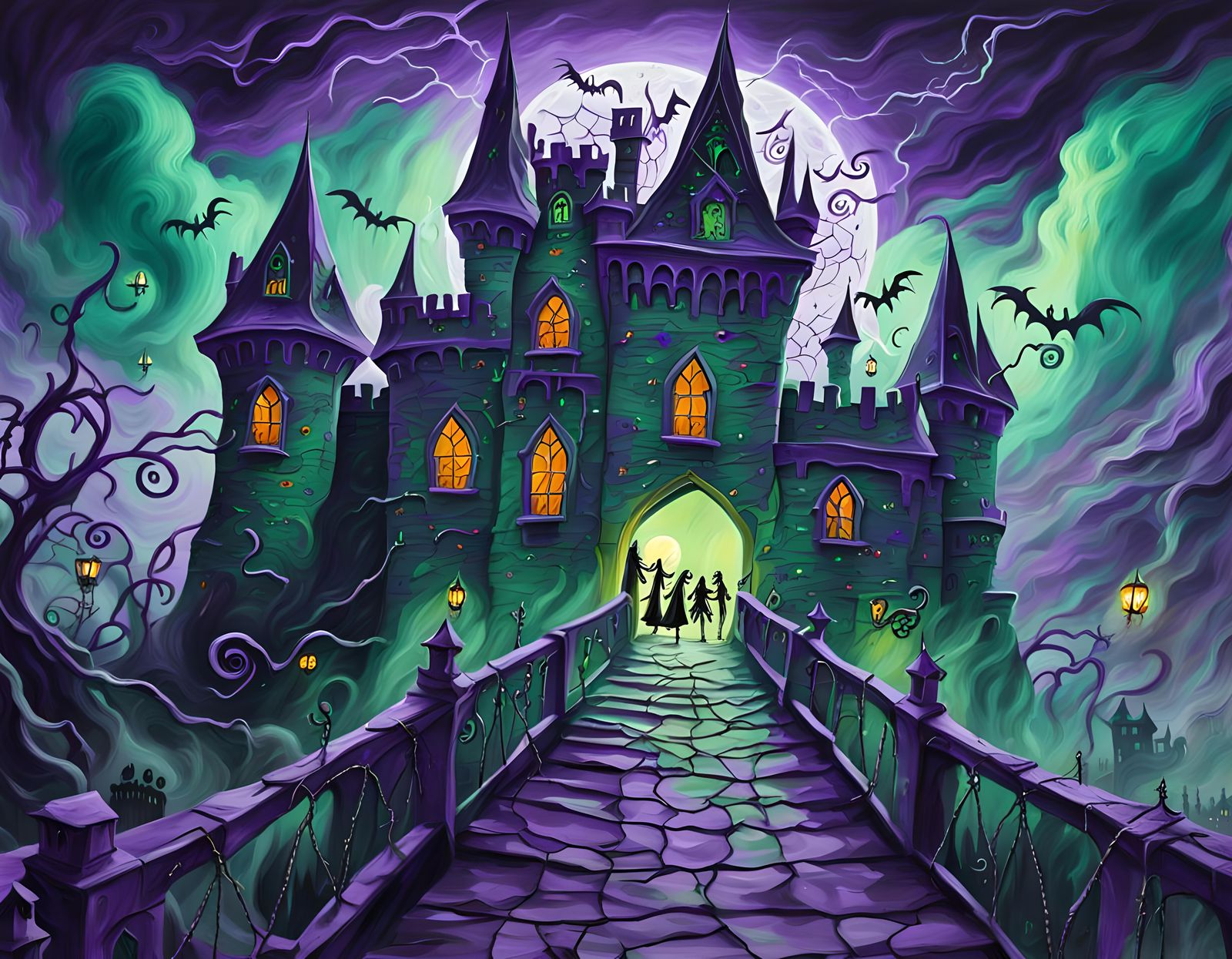Halloween at Haunted Castle as Surreal Oil Painting