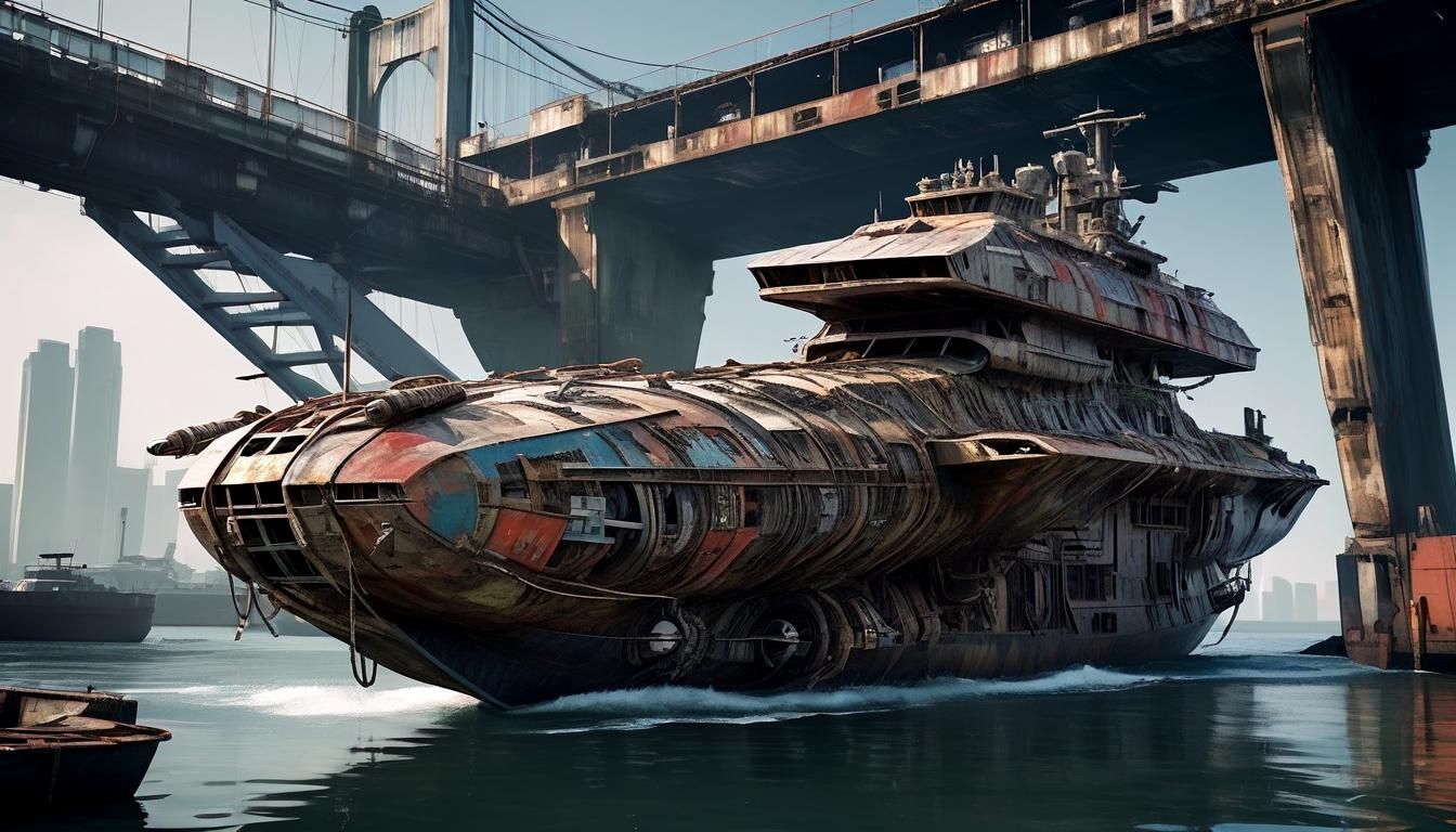 Far future science fiction post-apocalyptic scrap boat made out of 10 ...