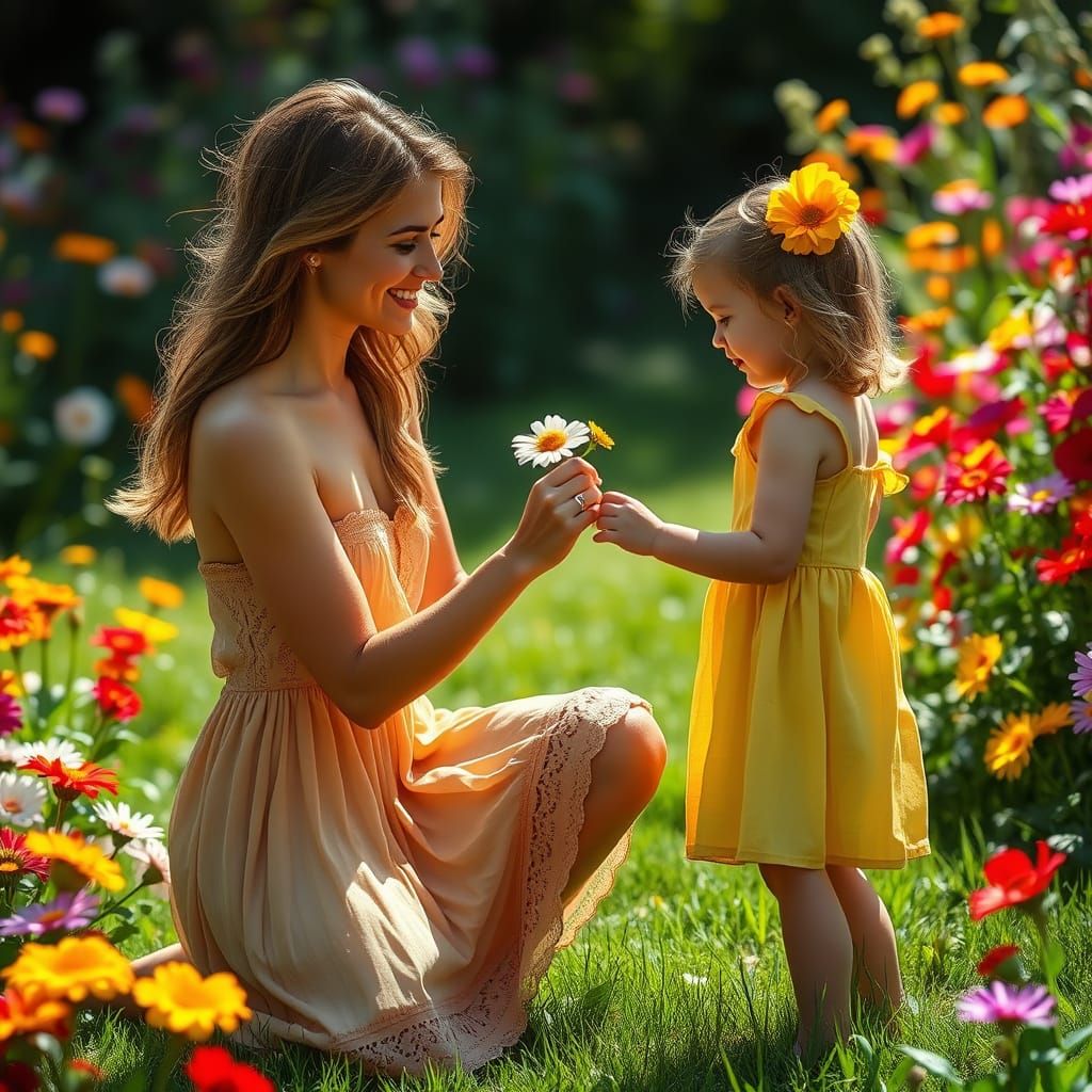 Joyful Mother and Daughter in a Vibrant Garden