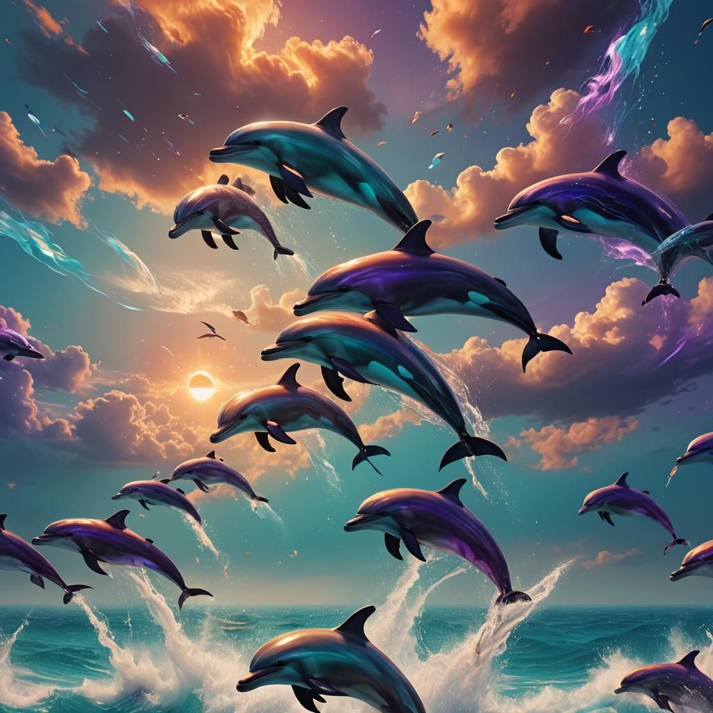Dolphins Leaping to Distant Sky: Fantasy Concept Art