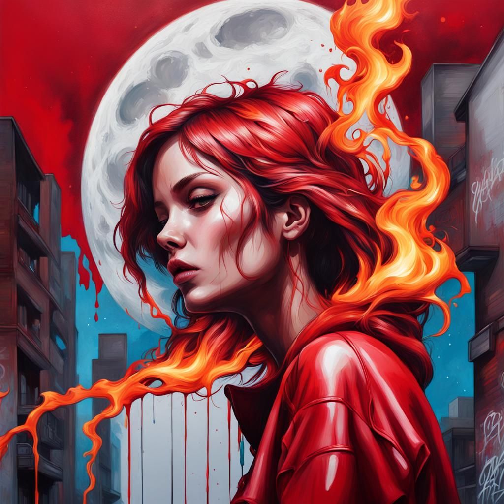 Cheveux rouge, woman, flame, moon