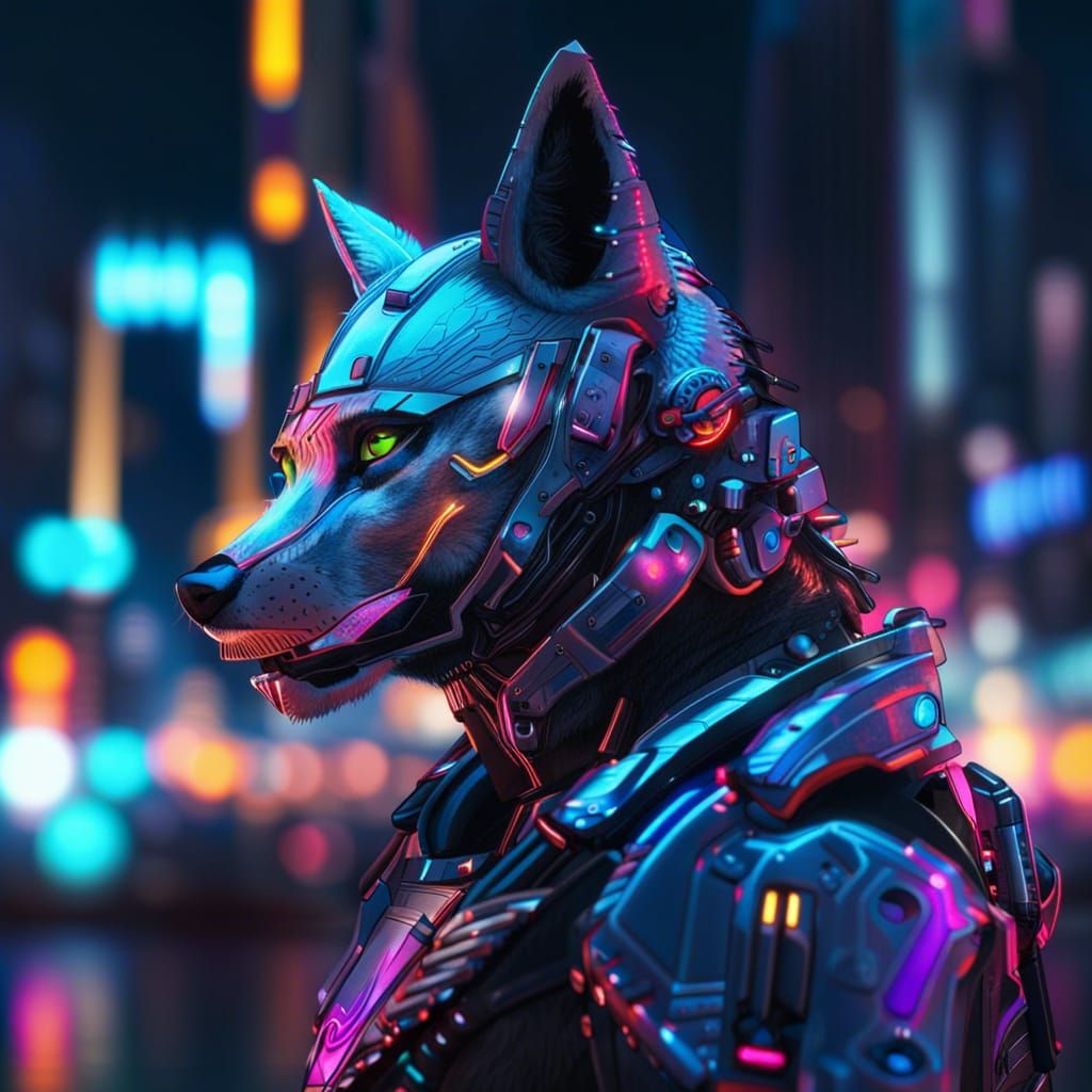 Portrait of a cyborg wolf wearing futuristic face armor in a neon city ...