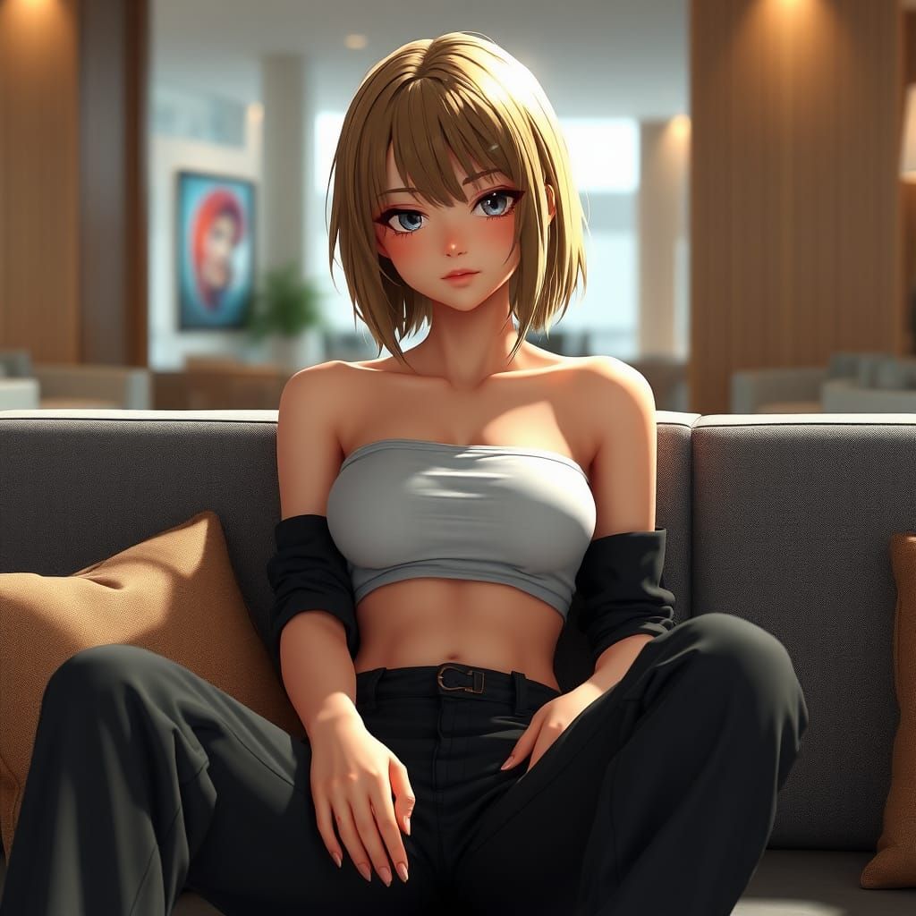 Anime Girl Sitting on Couch, 3D Render