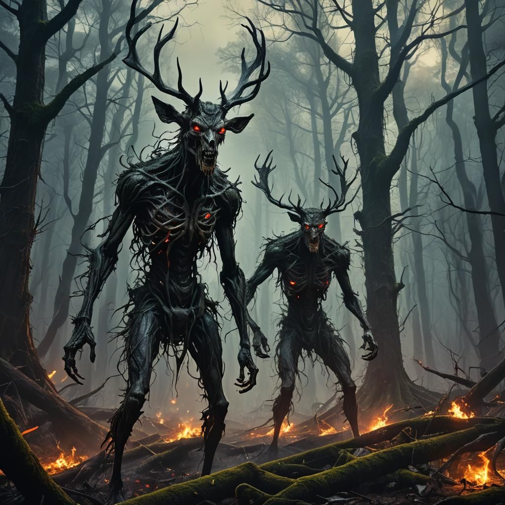 Creepy Wendigo in Apocalyptic Forest: Abstract Art