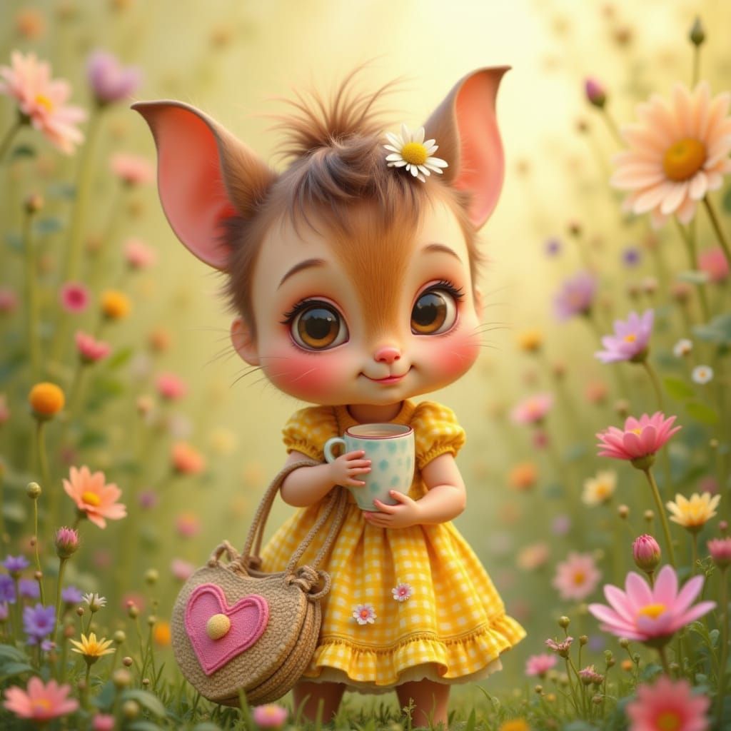 Cute Chipmunk in Garden with Daisy and Hearts