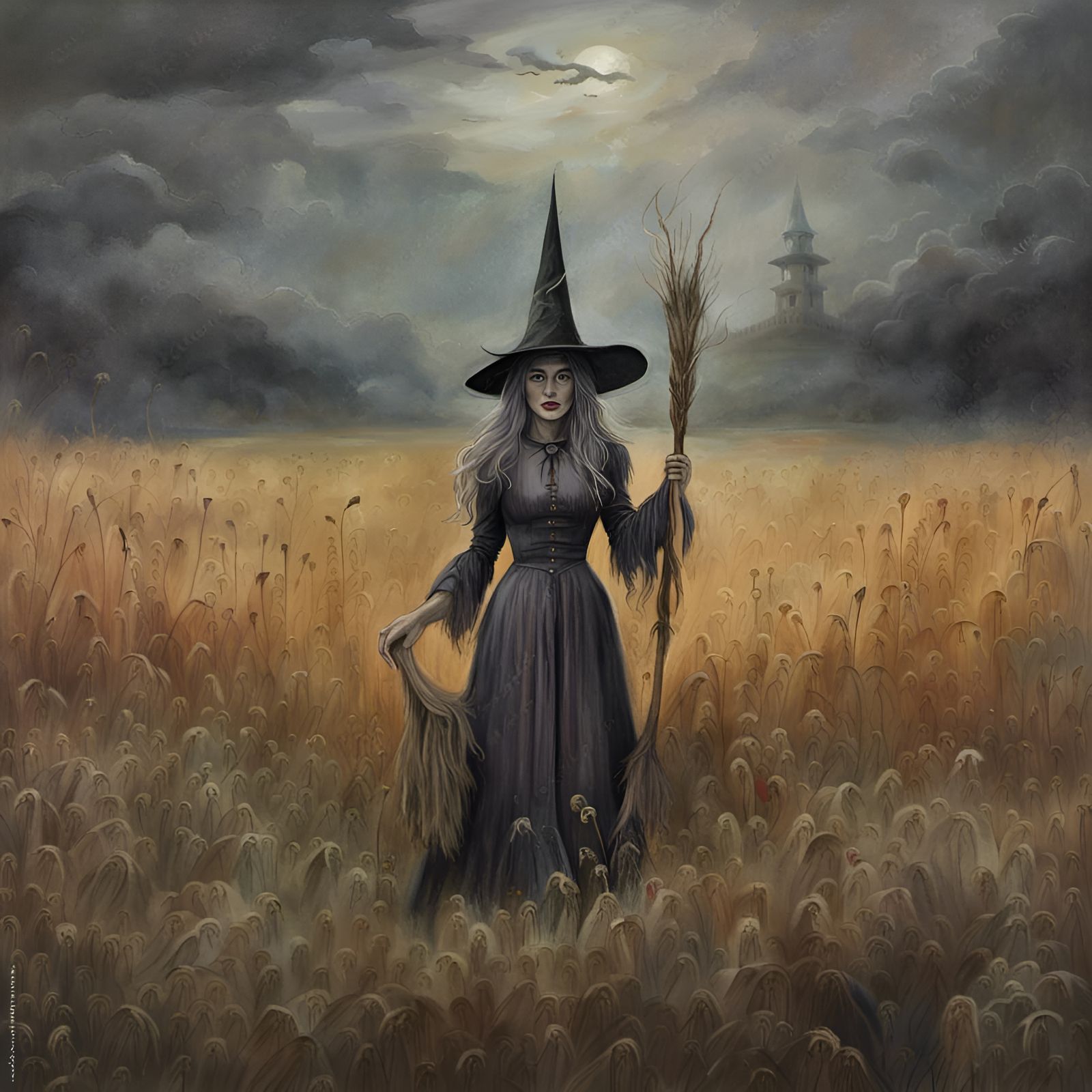 Primitive Vintage style oil painting of witch in costume standing in a ...