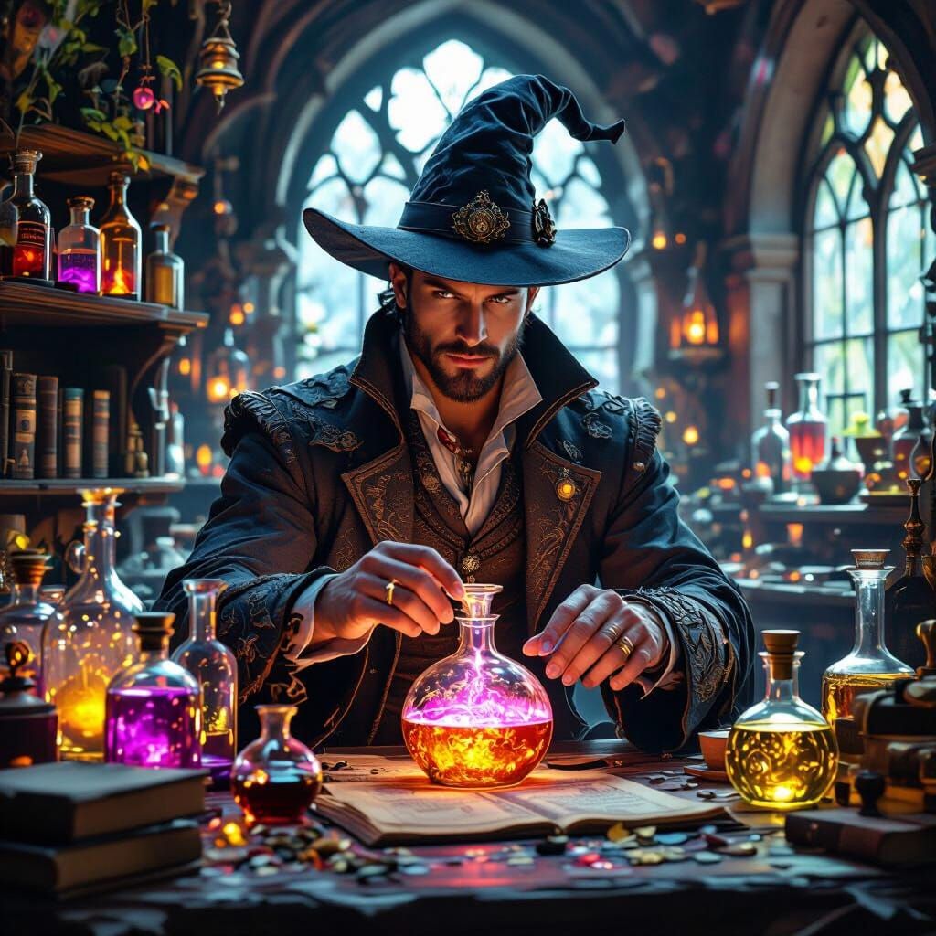 Ultra realistic
Handsome man making fantasy potions,
Unnatural Vivid,
extraordinary
Intricate,
highly detailed,
elegant,
classy,
witch
8k re...