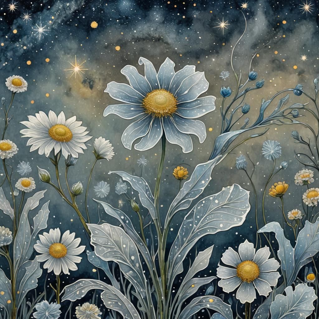 art nouveau, icy flower made of ice, under the milky way, st...