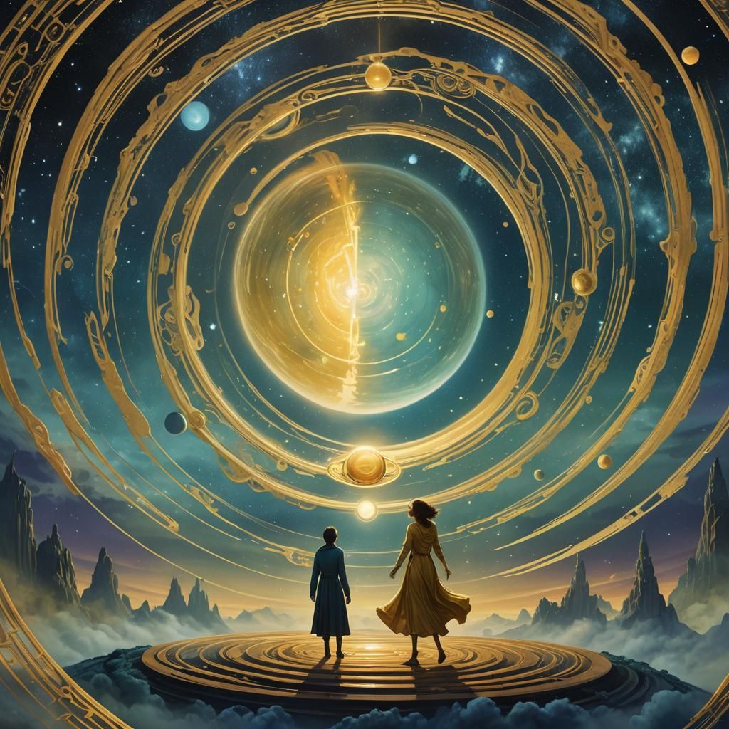 A woman floats within Saturn's luminous sphere, surrounded by an ethereal atmosphere. Outside the planet, ...  by @Magna artes