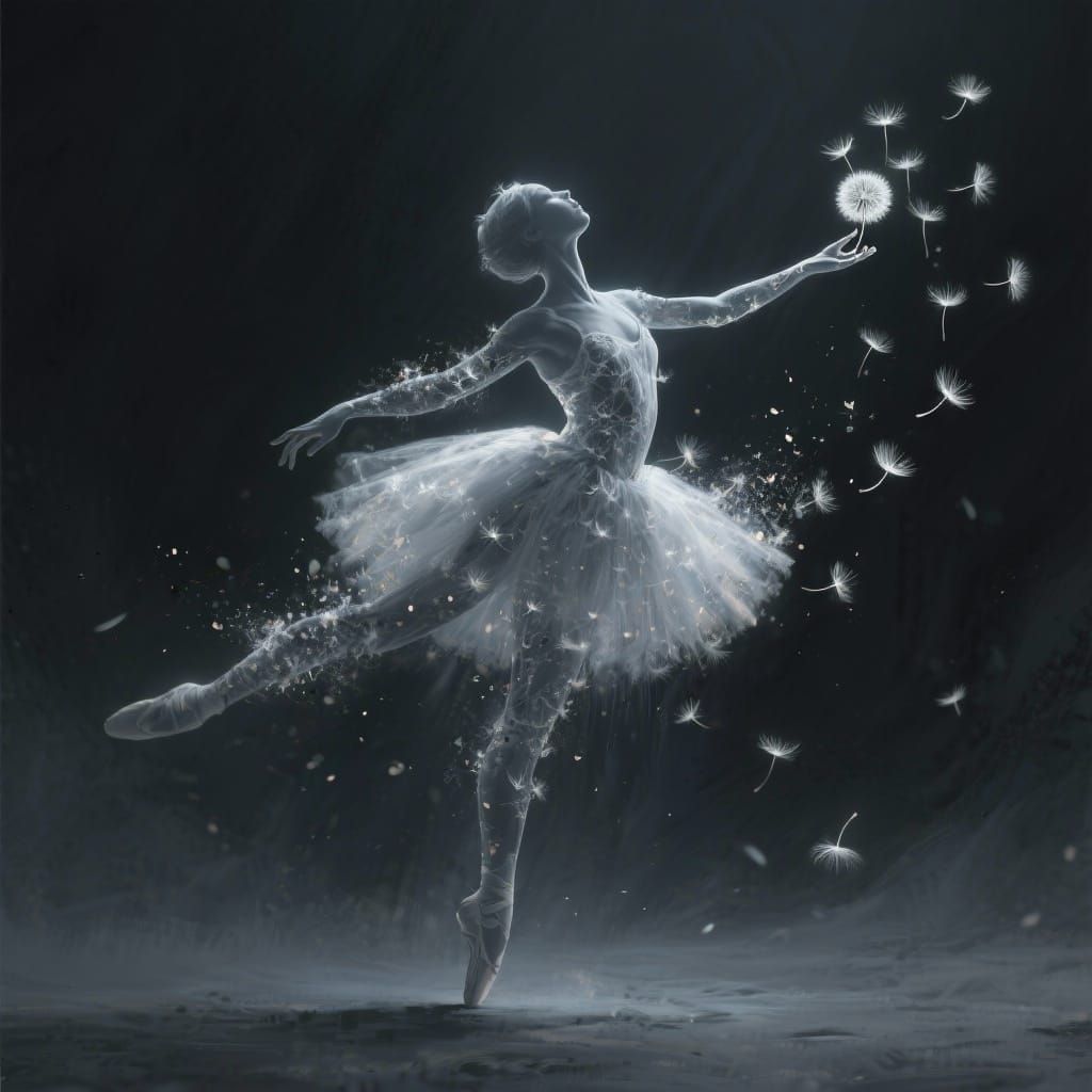 An ethereal digital painting of a ballerina whose form is crafted from dissolving dandelion seeds. She is captured mid-leap in a graceful, e...