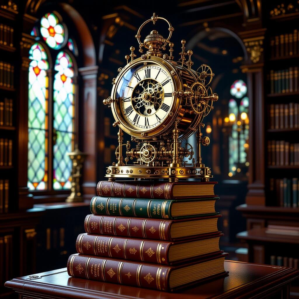 A whimsical automaton crafted from clockwork gears and polished brass, perched atop a towering stack ...  by @kk