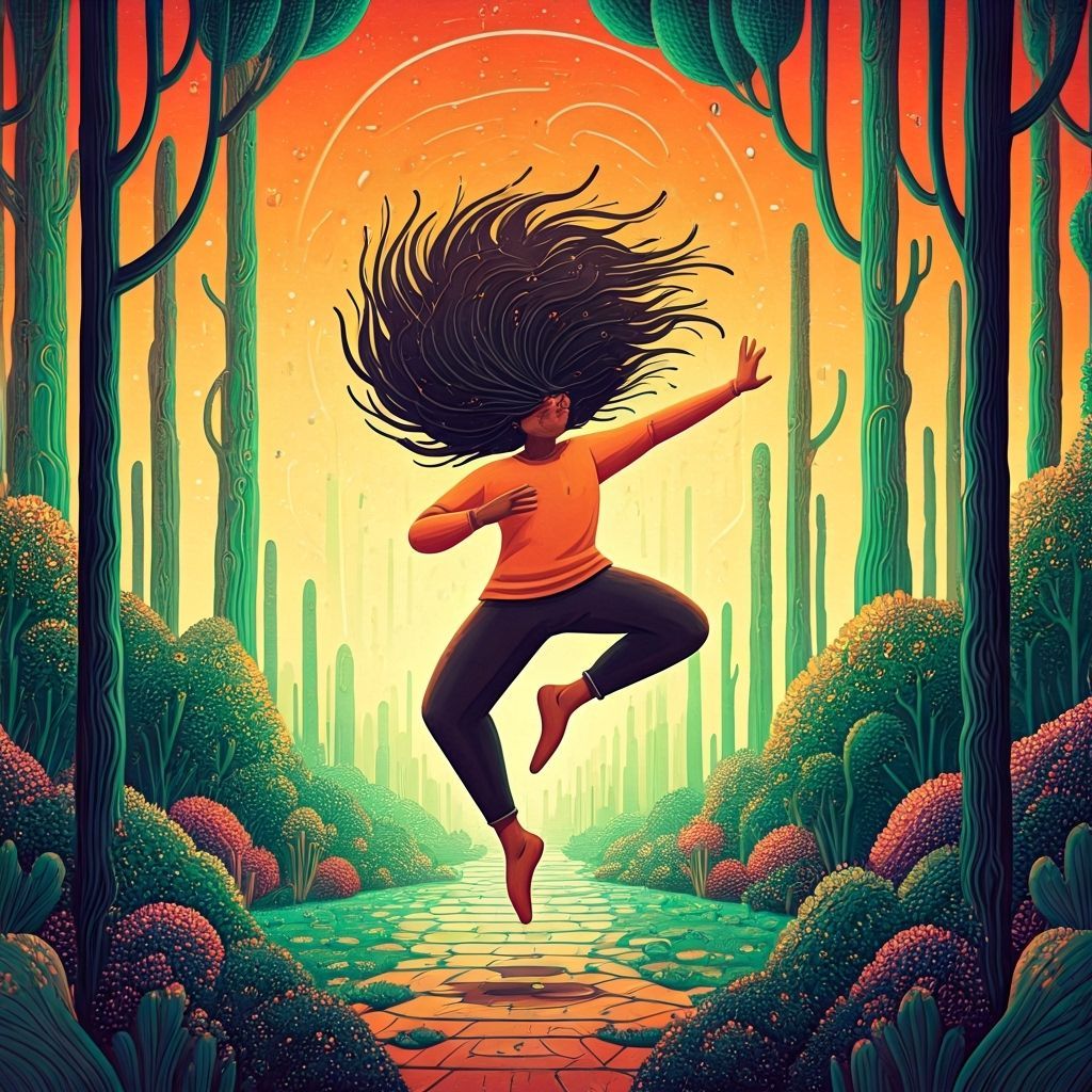 Carefree Figure Dancing in Fantastical Landscape