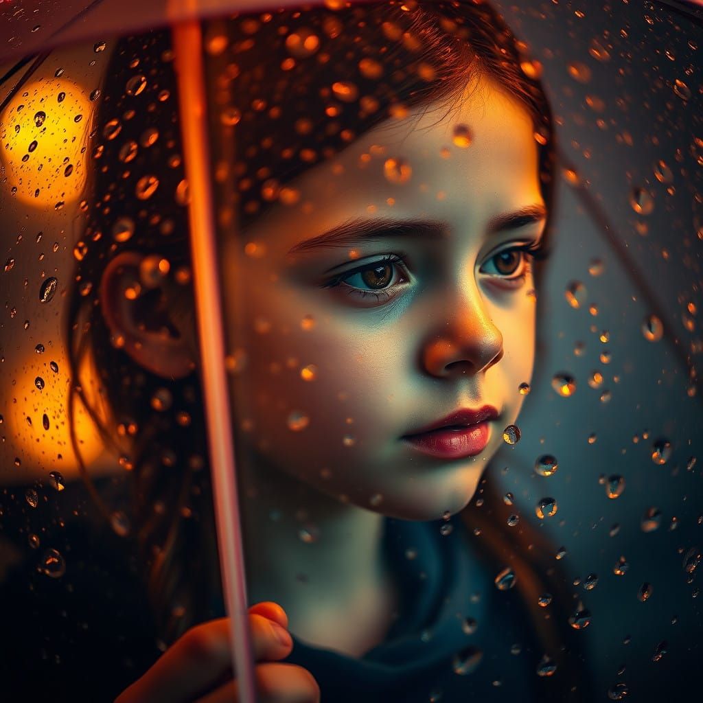 water drops falling on an umbrella protecting a girl from the rain  by @Wawone