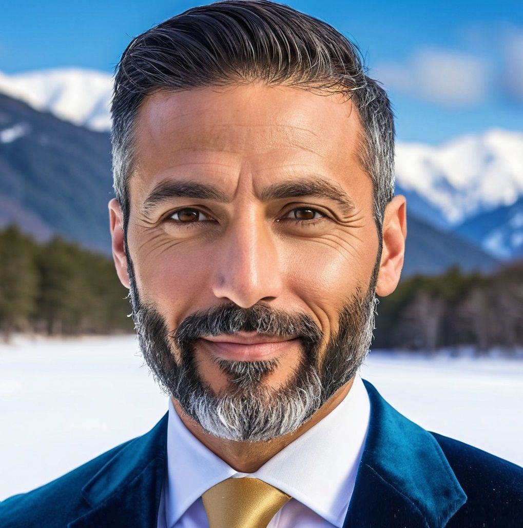 A handsome bearded man wearing a blue velvet suit