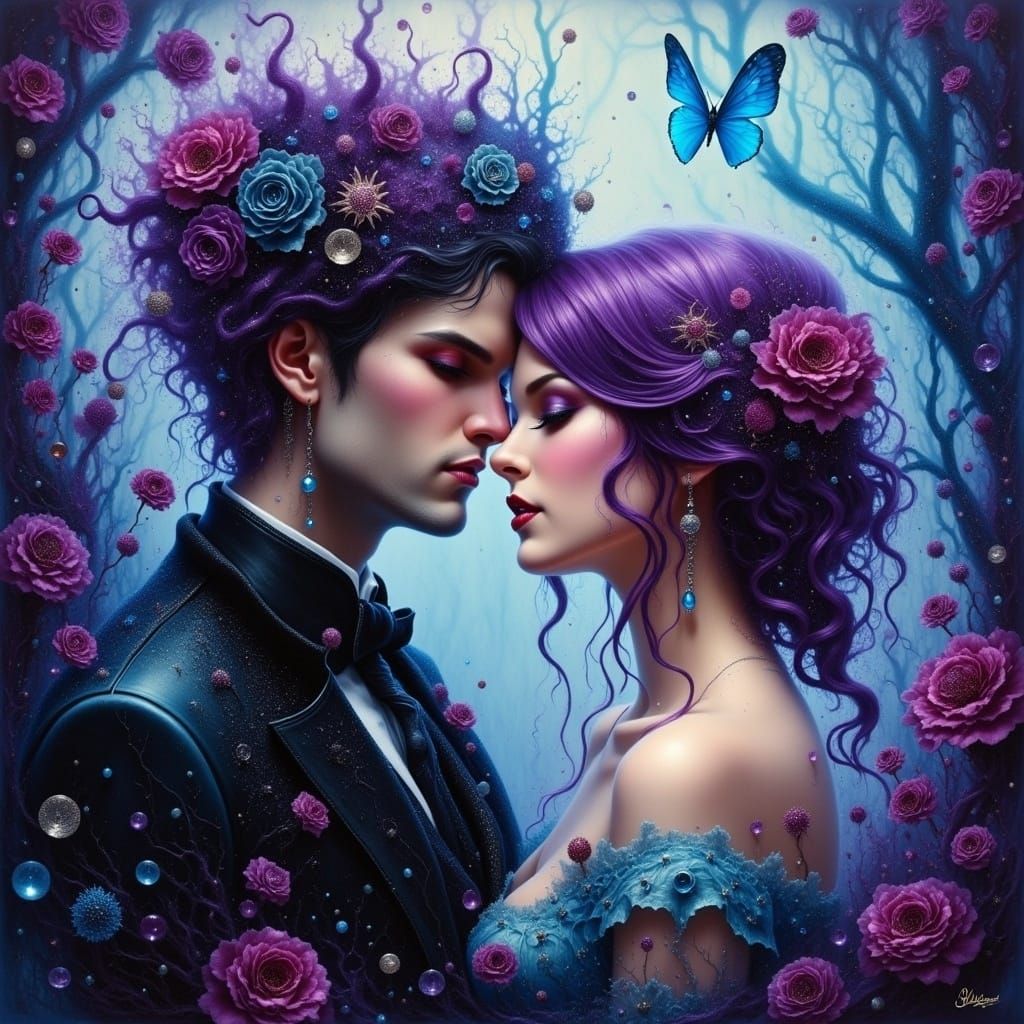 A (husband:1.9) and purple haired wife at their wedding. Alcohol_ink, Oil paint, deep saturation, high contrast, fantasy, magical, ethereal,...
