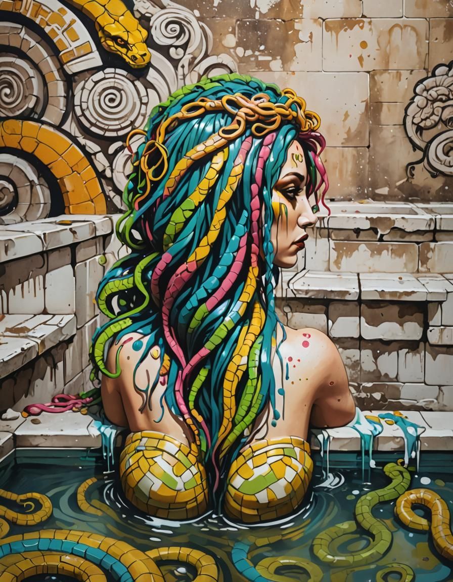Medusa, sitting on the edge of a roman bath