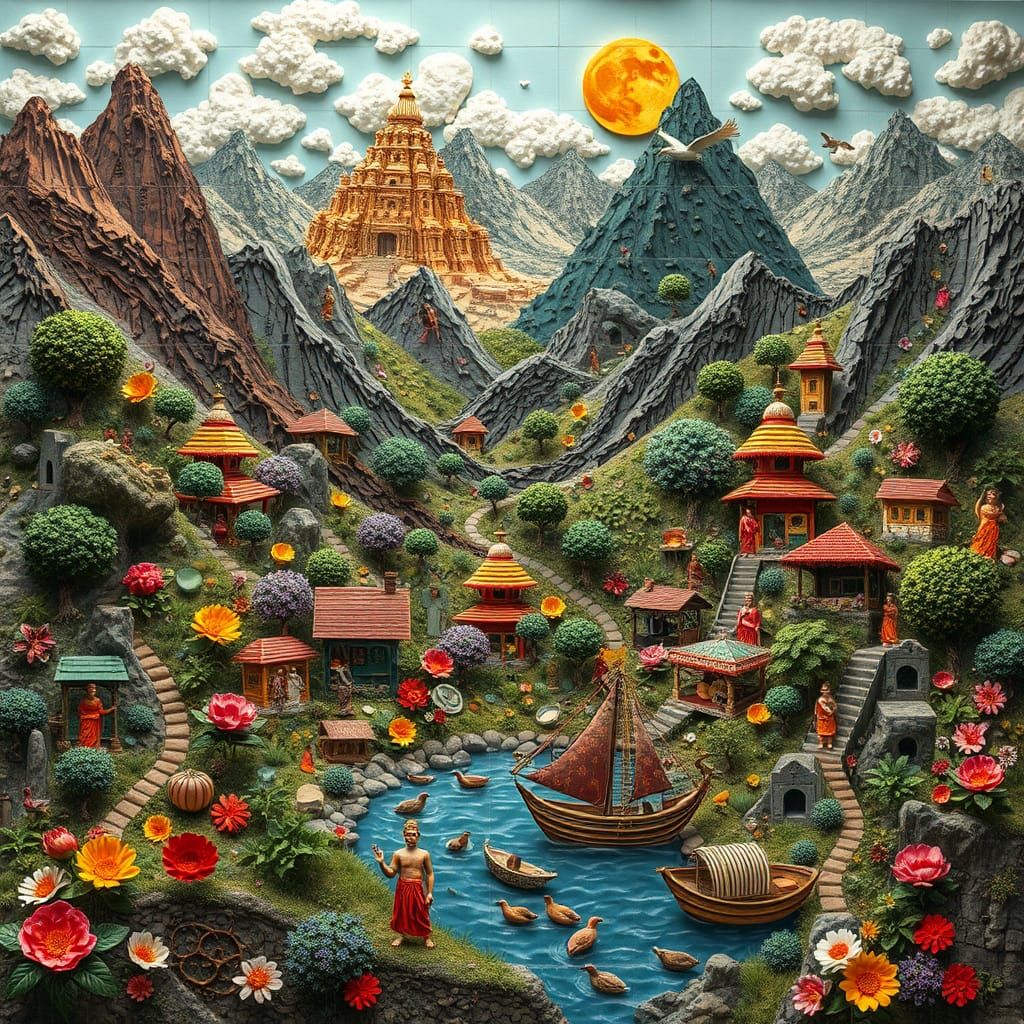 3D relief newspaper mosaic collage art landscape