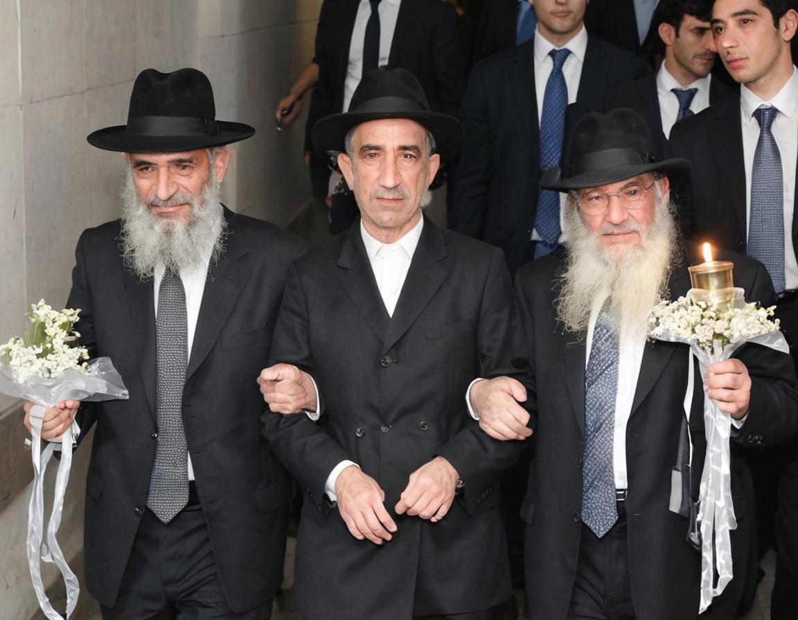 חתן חרדים צעיר זקן מגולח שיער ג'ינג'י רציני ומהורהר הוא לובש...