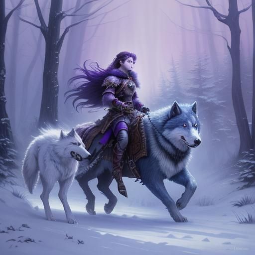 purple hair warrior women with wolf pet winter forest