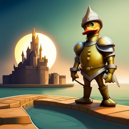 duck in knight's armor. The duck is standing on a castle for...