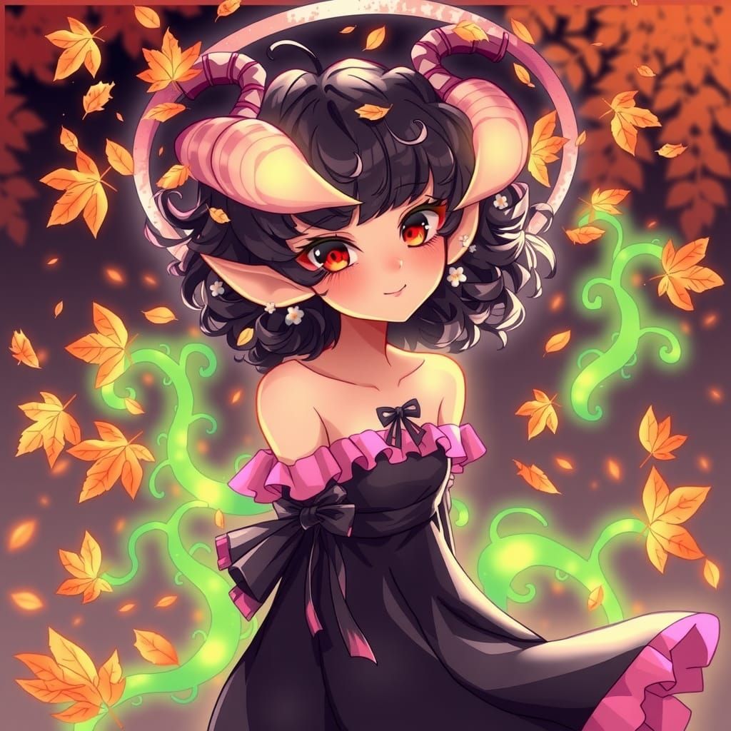 Anime Woman with Autumn Leaves and Mischievous Smile