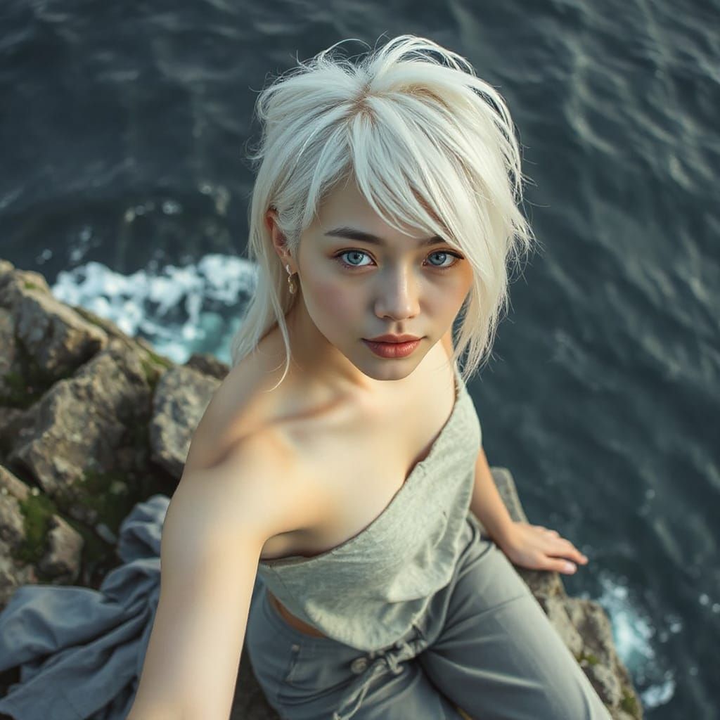 Albino Woman on Cliffside Overlooking Wavy Sea