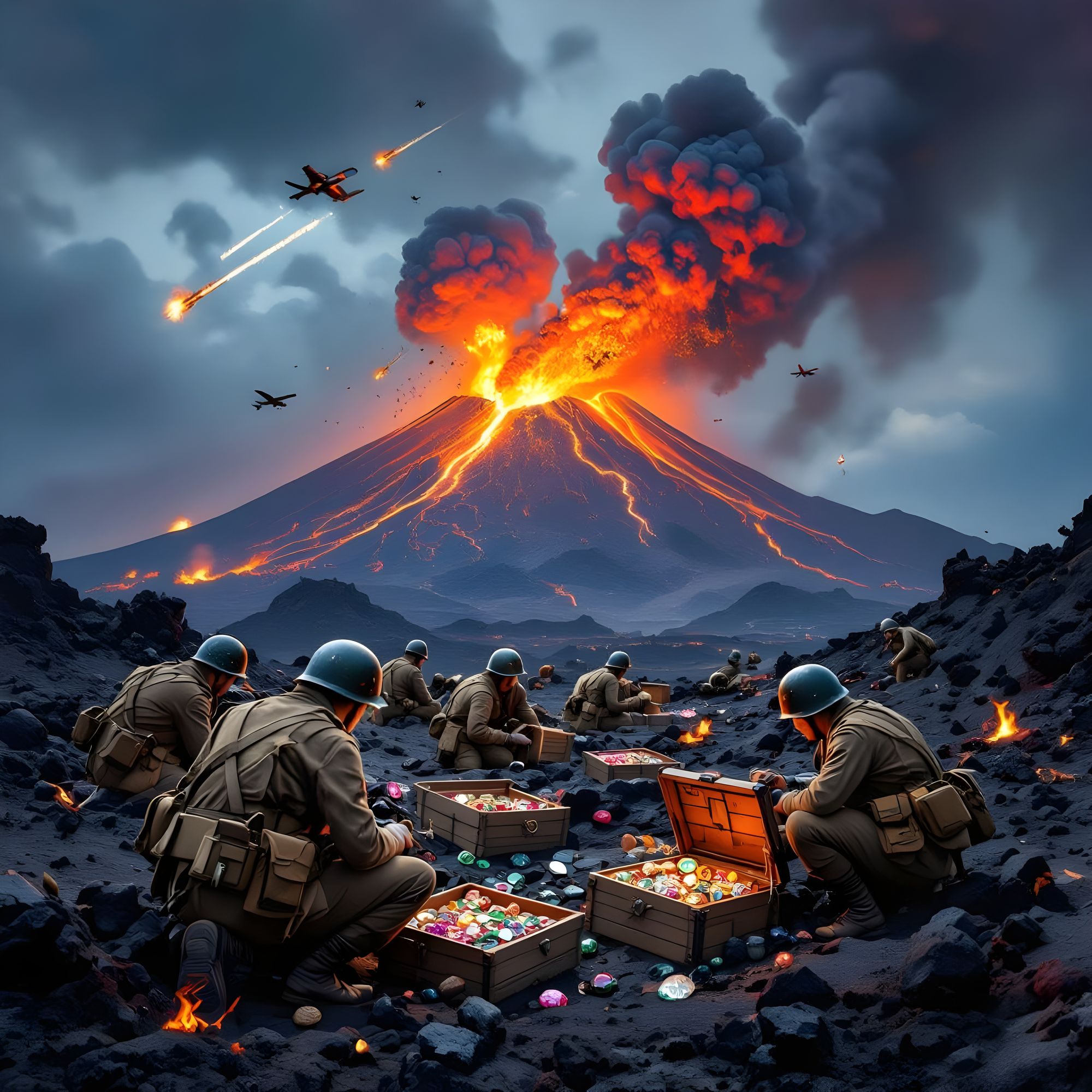 WW2 troops at the base of an erupting Mount Etna. Sicily. Vivid colors. Crates of precious gems. Burning aircraft in the sky.