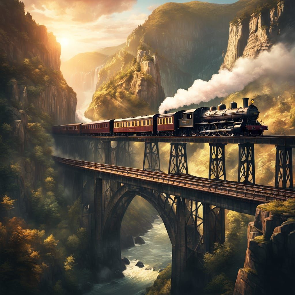 "Create a cinematic, ultra-detailed painting of a massive mountain valley at dawn. A long, rugged steam train snakes along a stone bridge sp...